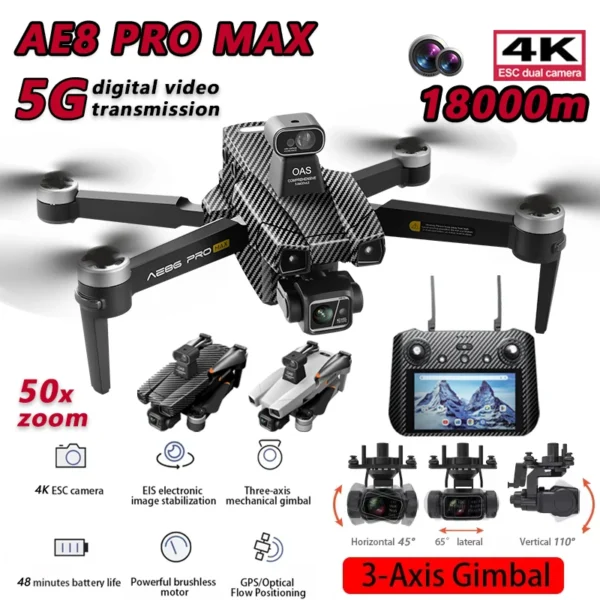 New AE86 Pro Max Professional Drone 4K ESC Dual Camera 360° Obstacle Avoidance 50x Zoom Optical Flow Positioning Foldable Drones - Image 2