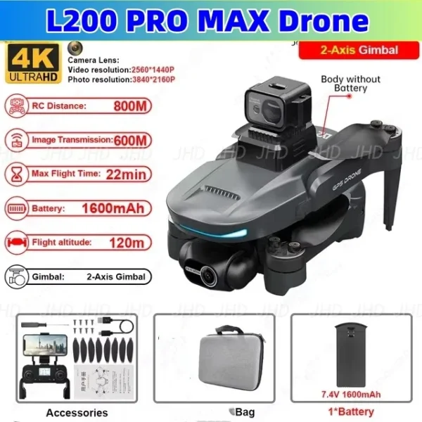 JHD L200 PRO MAX Drone GPS Brushless Motor 4K HD Profesional FPV Drone 2-Axis Gimbal 360° Obstacle Avoidance RC Drone L200 PRO - Image 2